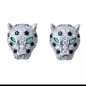 Elegant Panther Silver and Green Earrings